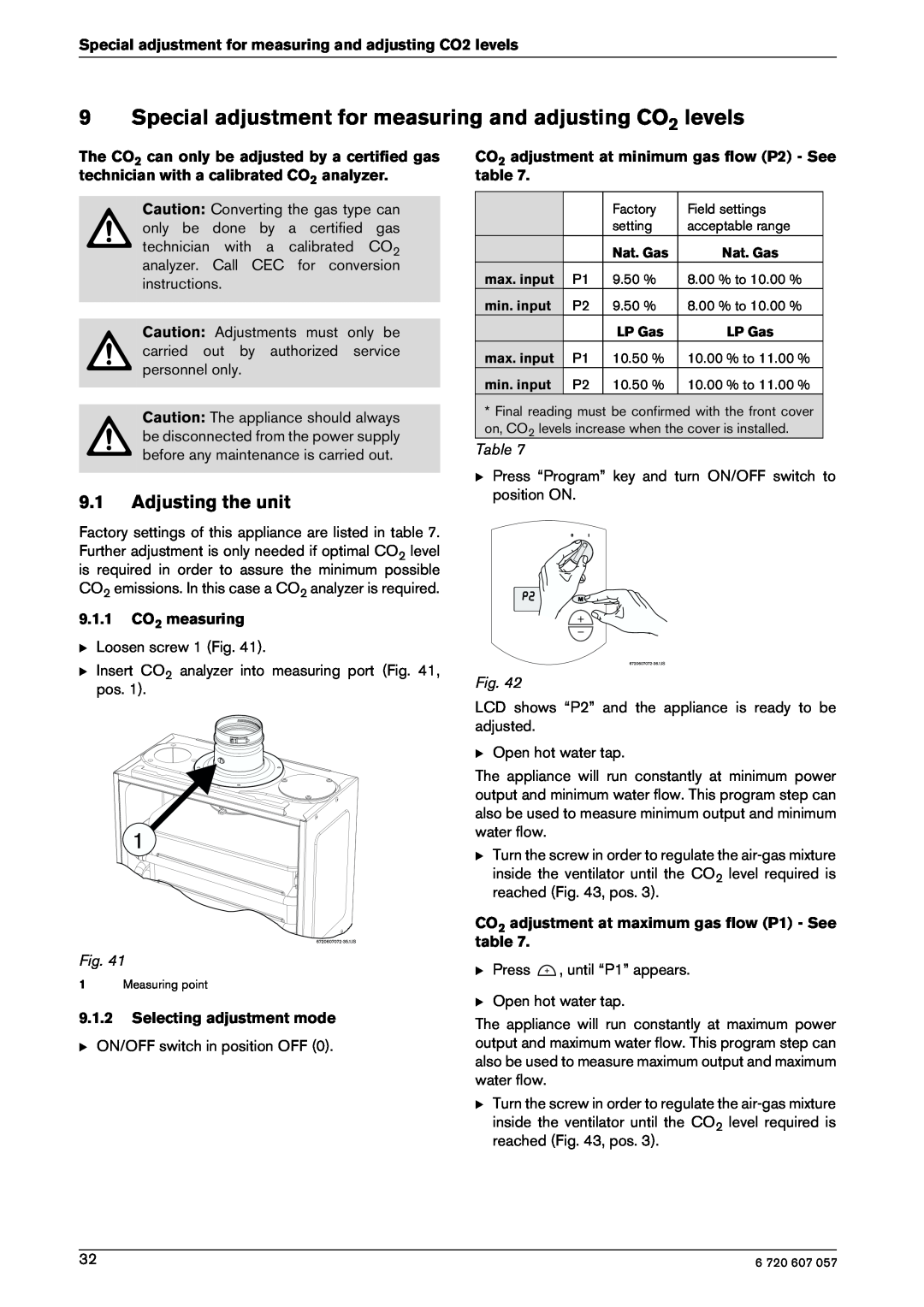 Bosch Appliances 250SX LP, 250SX NG manual Special adjustment for measuring and adjusting CO2 levels, Adjusting the unit 