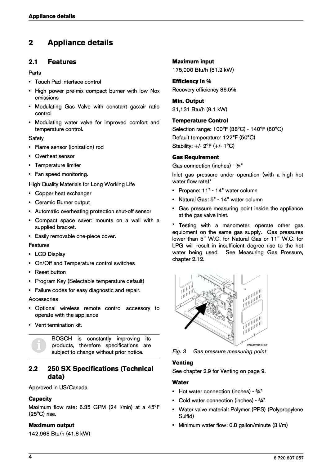 Bosch Appliances 250SX LP, 250SX NG manual Appliance details, Features, 2.2 250 SX Specifications Technical data 