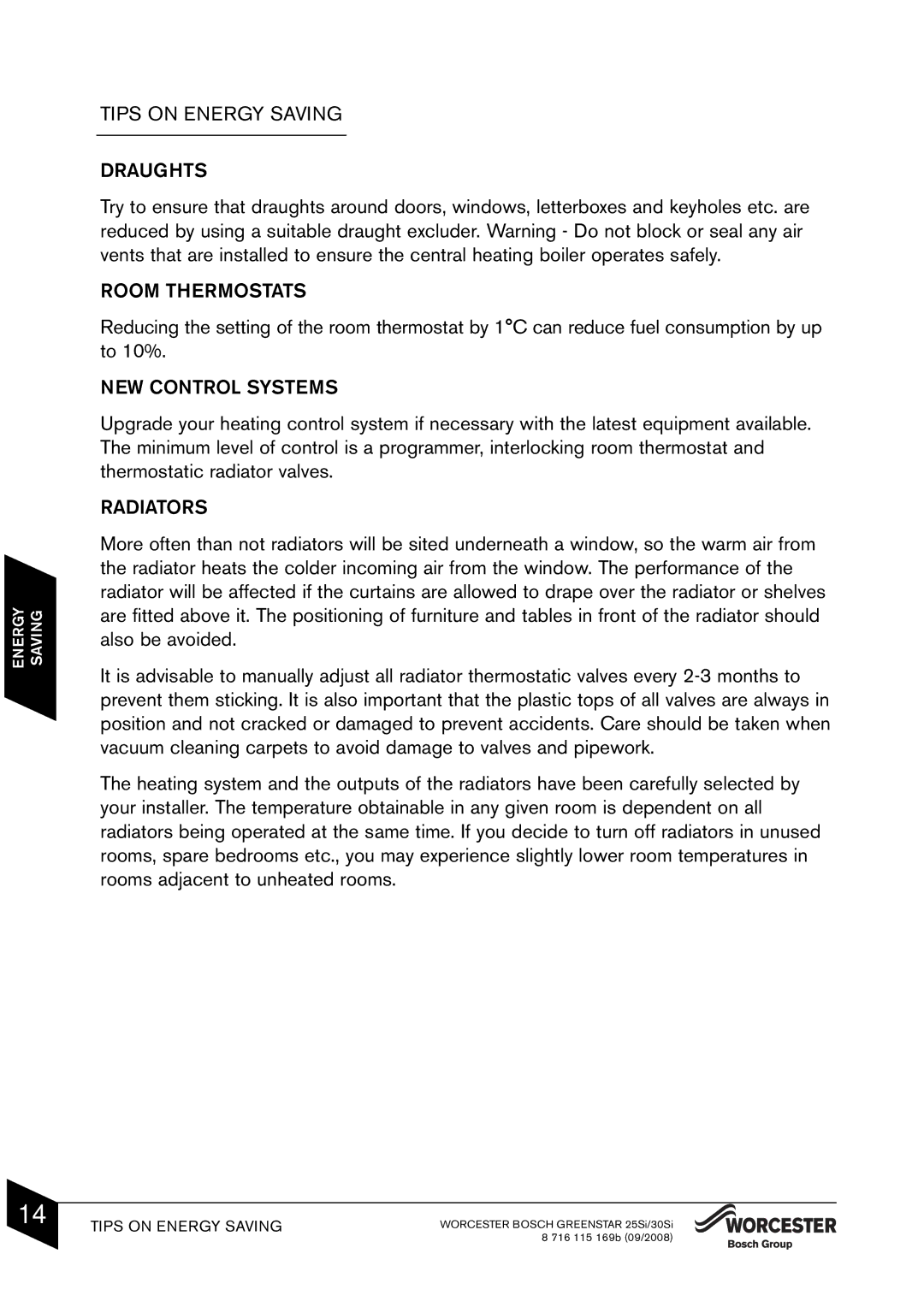 Bosch Appliances 25Si manual Tips on Energy Saving Draughts, Room Thermostats, NEW Control Systems, Radiators 