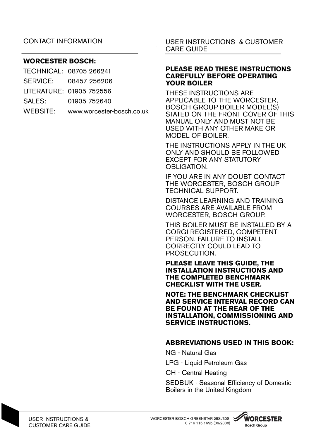 Bosch Appliances 25Si manual Contact Information, Worcester Bosch, User Instructions & Customer Care Guide 