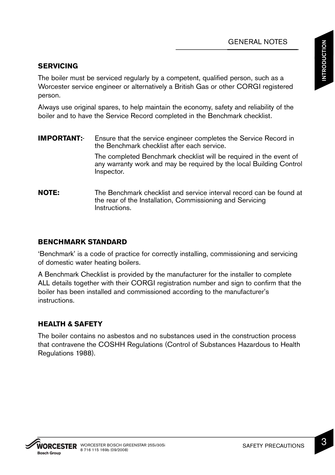 Bosch Appliances 25Si manual Servicing, Benchmark Standard, Health & Safety 