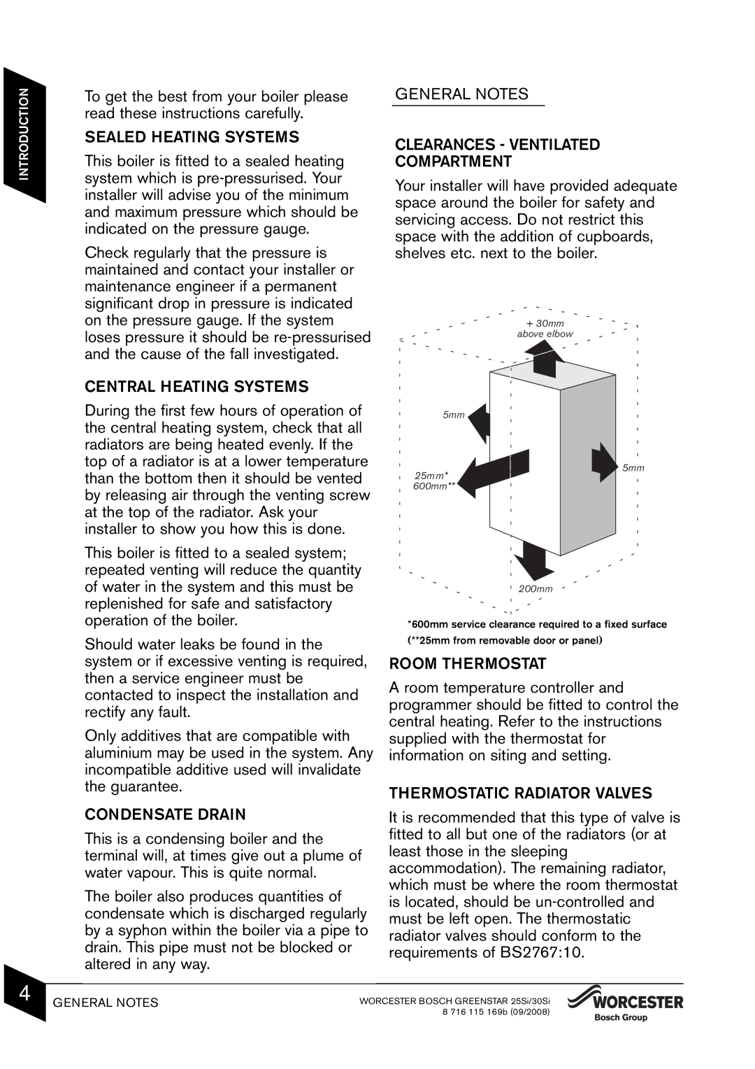 Bosch Appliances 25Si Sealed Heating Systems, Central Heating Systems, General Notes Clearances Ventilated Compartment 