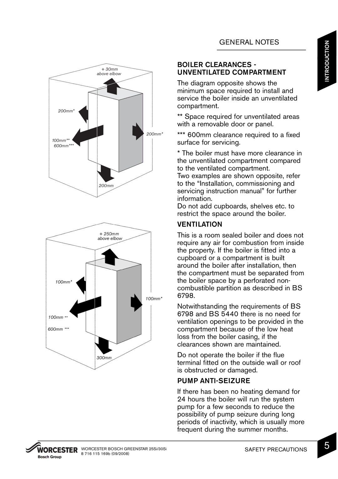 Bosch Appliances 25Si manual Boiler Clearances, Unventilated Compartment, Ventilation, Pump ANTI-SEIZURE 
