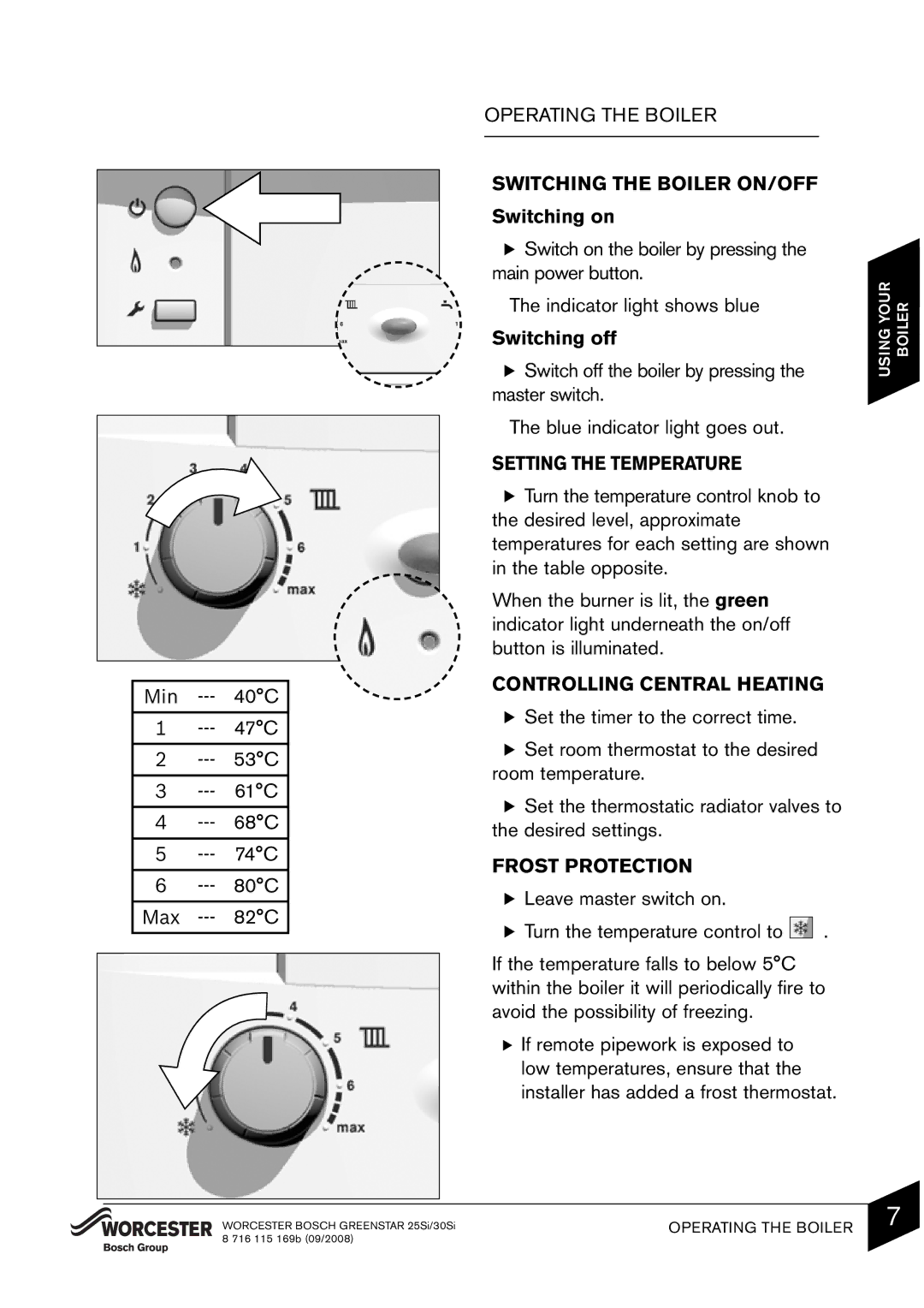 Bosch Appliances 25Si Switching the Boiler ON/OFF, Setting the Temperature, Controlling Central Heating, Frost Protection 