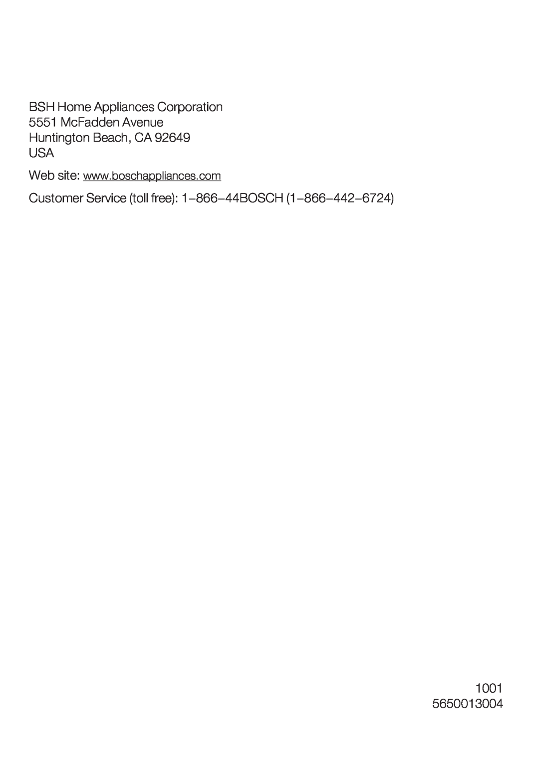 Bosch Appliances TKA280, 283UC BSH Home Appliances Corporation, McFadden Avenue Huntington Beach, CA USA, 1001 5650013004 