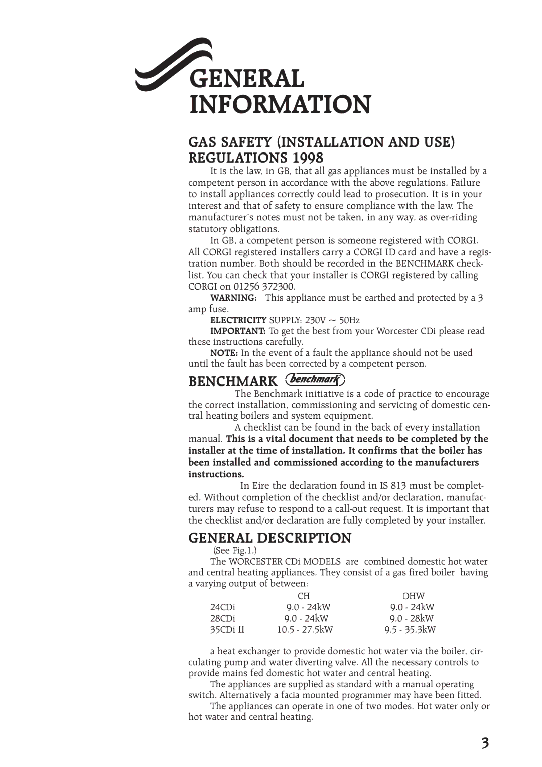 Bosch Appliances 35CDI II General Information, GAS Safety Installation and USE Regulations, Benchmark, General Description 