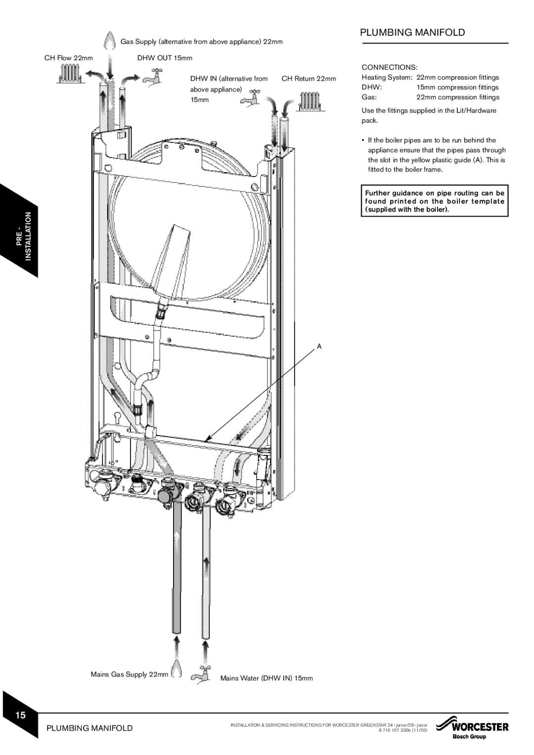 Bosch Appliances 28i junior, 24i junior manual Plumbing Manifold, Connections, Heating System 22mm compression fittings, Gas 