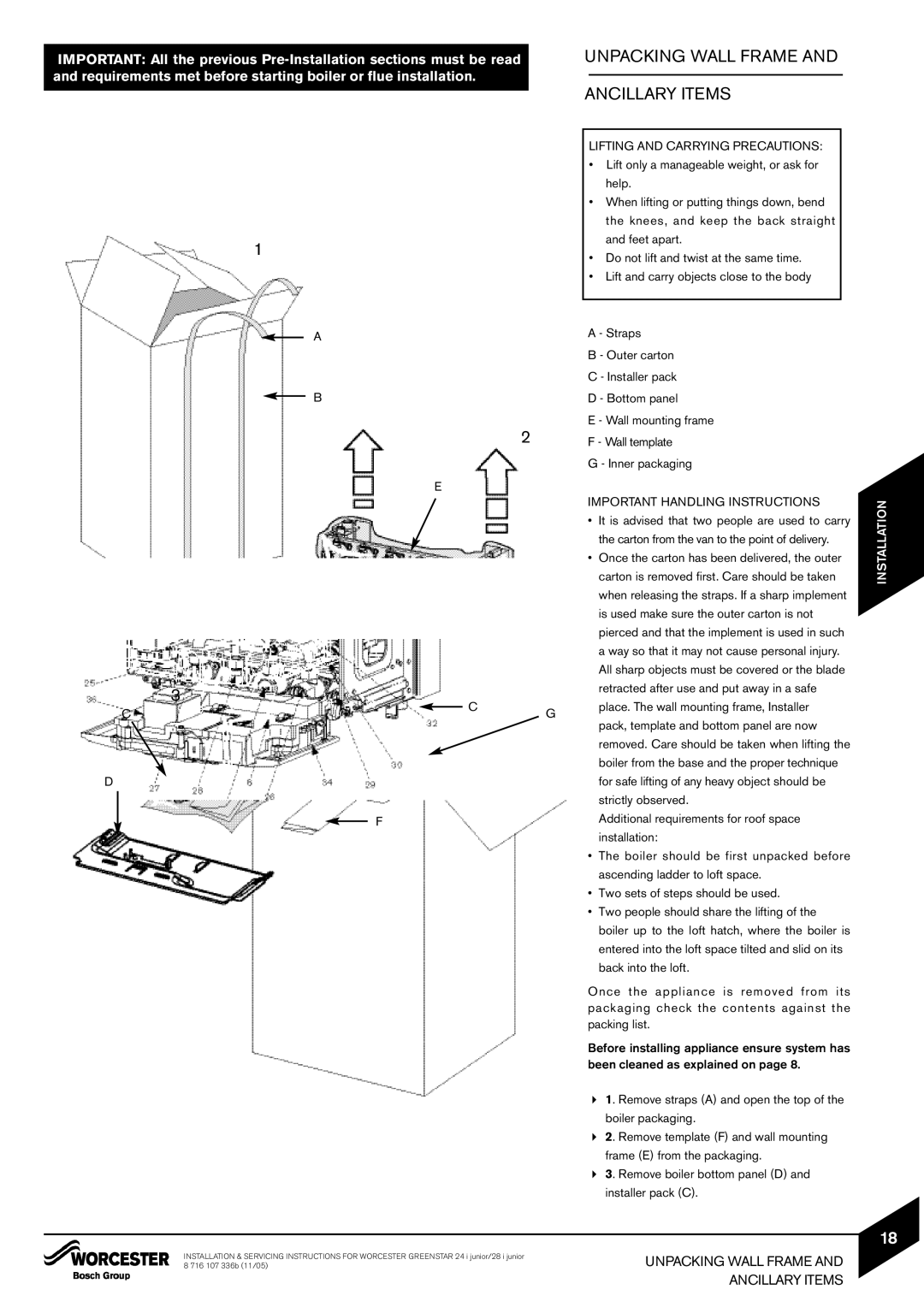 Bosch Appliances 24i junior, 28i junior manual Unpacking Wall Frame Ancillary Items, Important Handling Instructions 