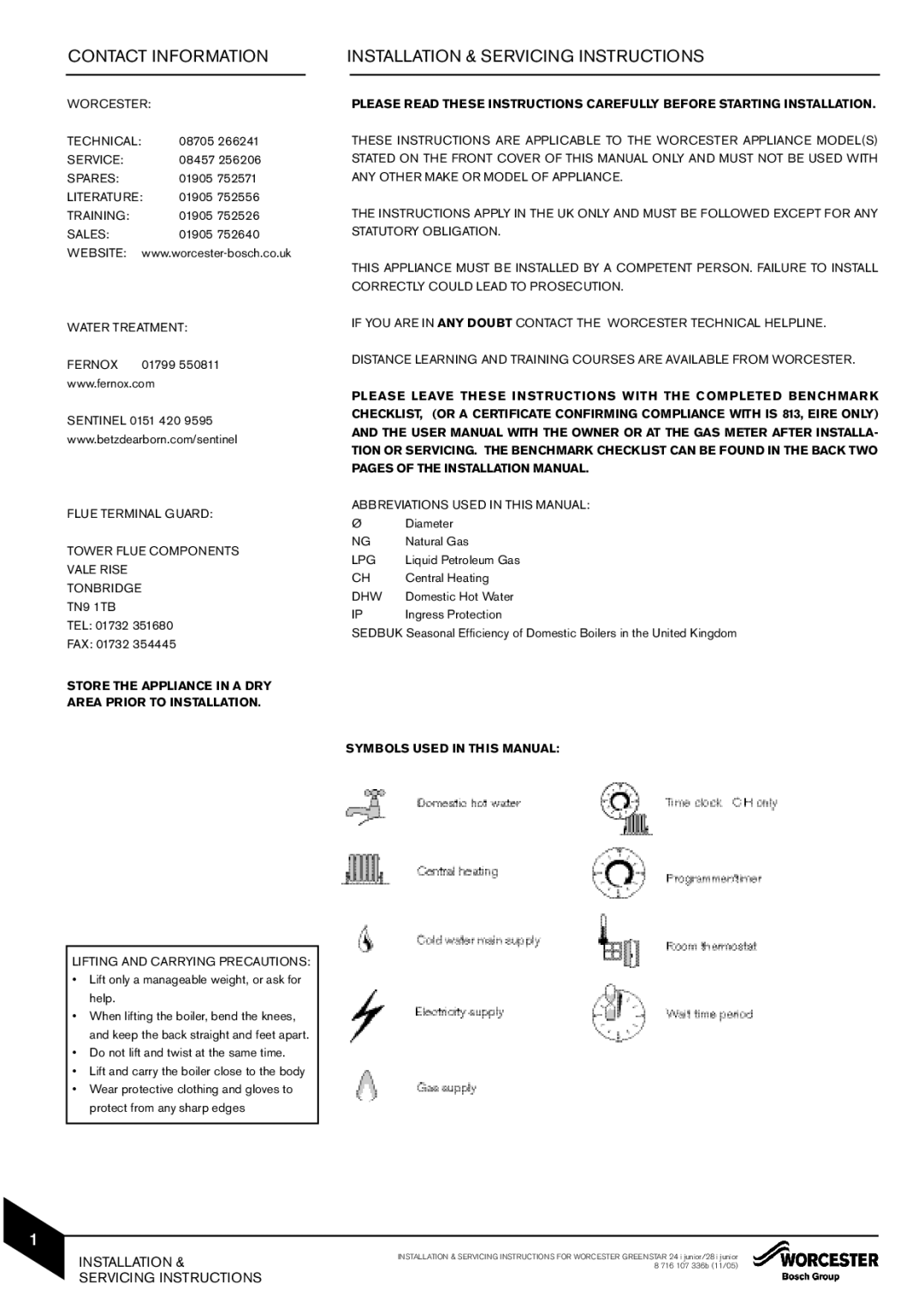 Bosch Appliances 28i junior, 24i junior manual Contact Information Installation & Servicing Instructions 