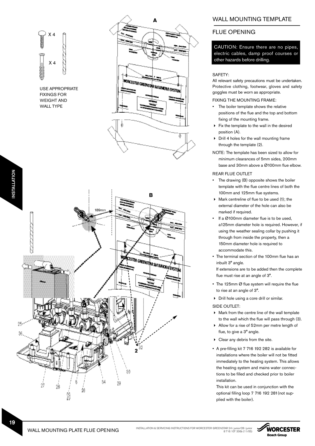 Bosch Appliances 28i junior, 24i junior manual Wall Mounting Template Flue Opening, Wall Mounting Plate Flue Opening 