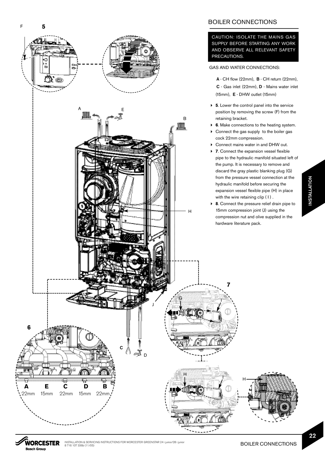 Bosch Appliances 24i junior, 28i junior manual GAS and Water Connections 