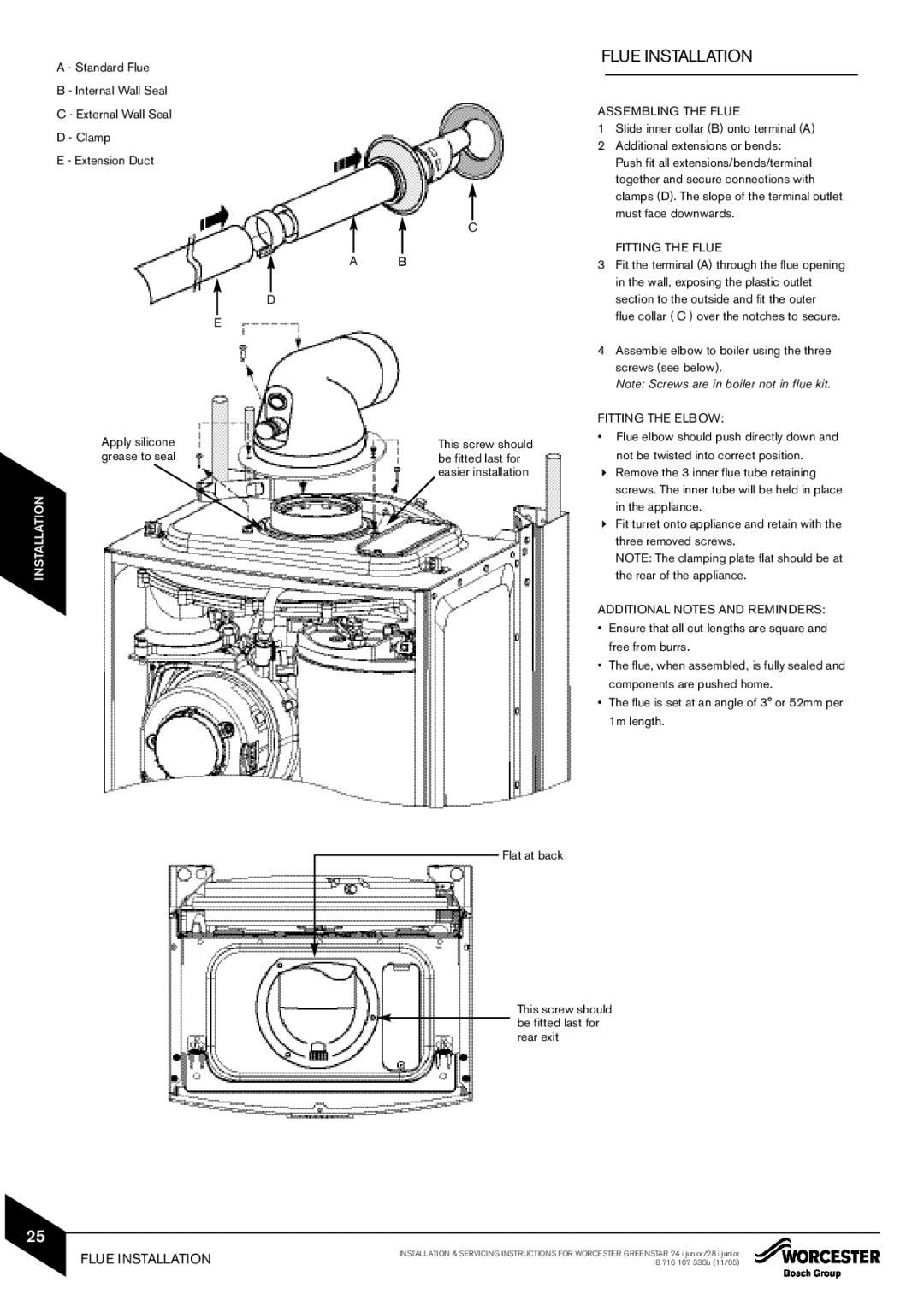 Bosch Appliances 28i junior manual Assembling the Flue, Fitting the Flue, Fitting the Elbow, Additional Notes and Reminders 