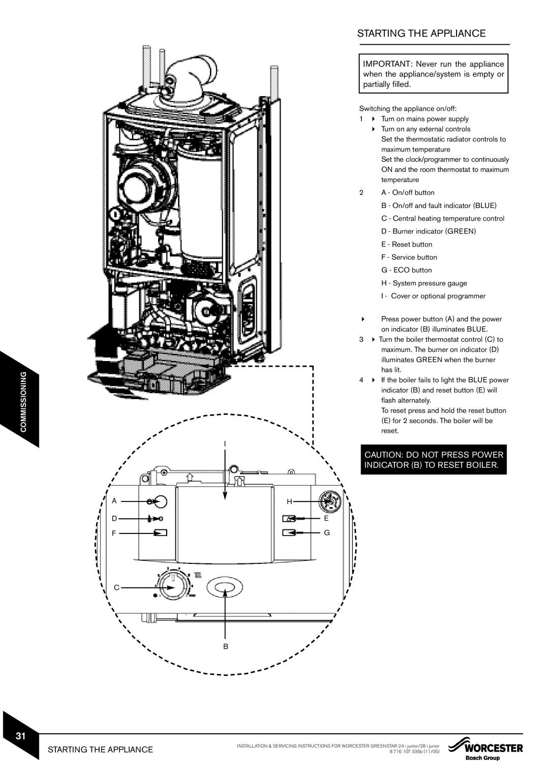 Bosch Appliances 28i junior, 24i junior manual Starting the Appliance, Switching the appliance on/off 