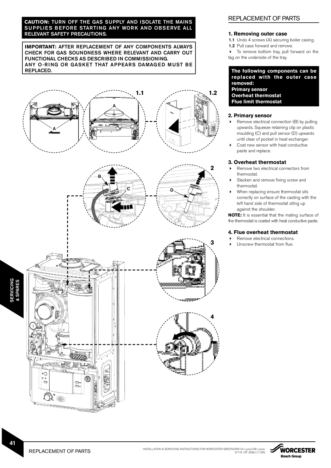 Bosch Appliances 28i junior manual Replacement of Parts, Primary sensor, Overheat thermostat, Flue overheat thermostat 