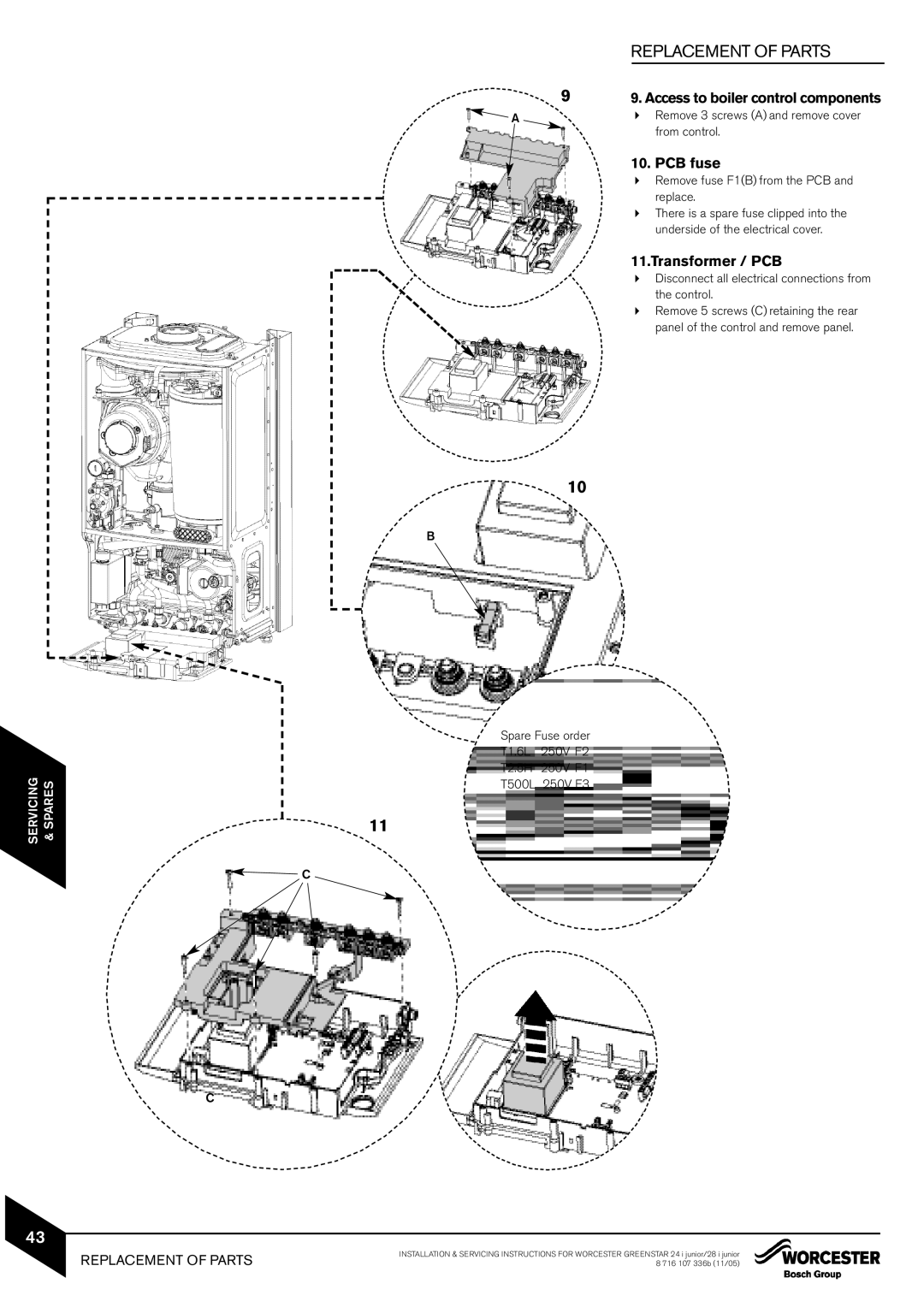 Bosch Appliances 28i junior, 24i junior manual Access to boiler control components, PCB fuse, Transformer / PCB 