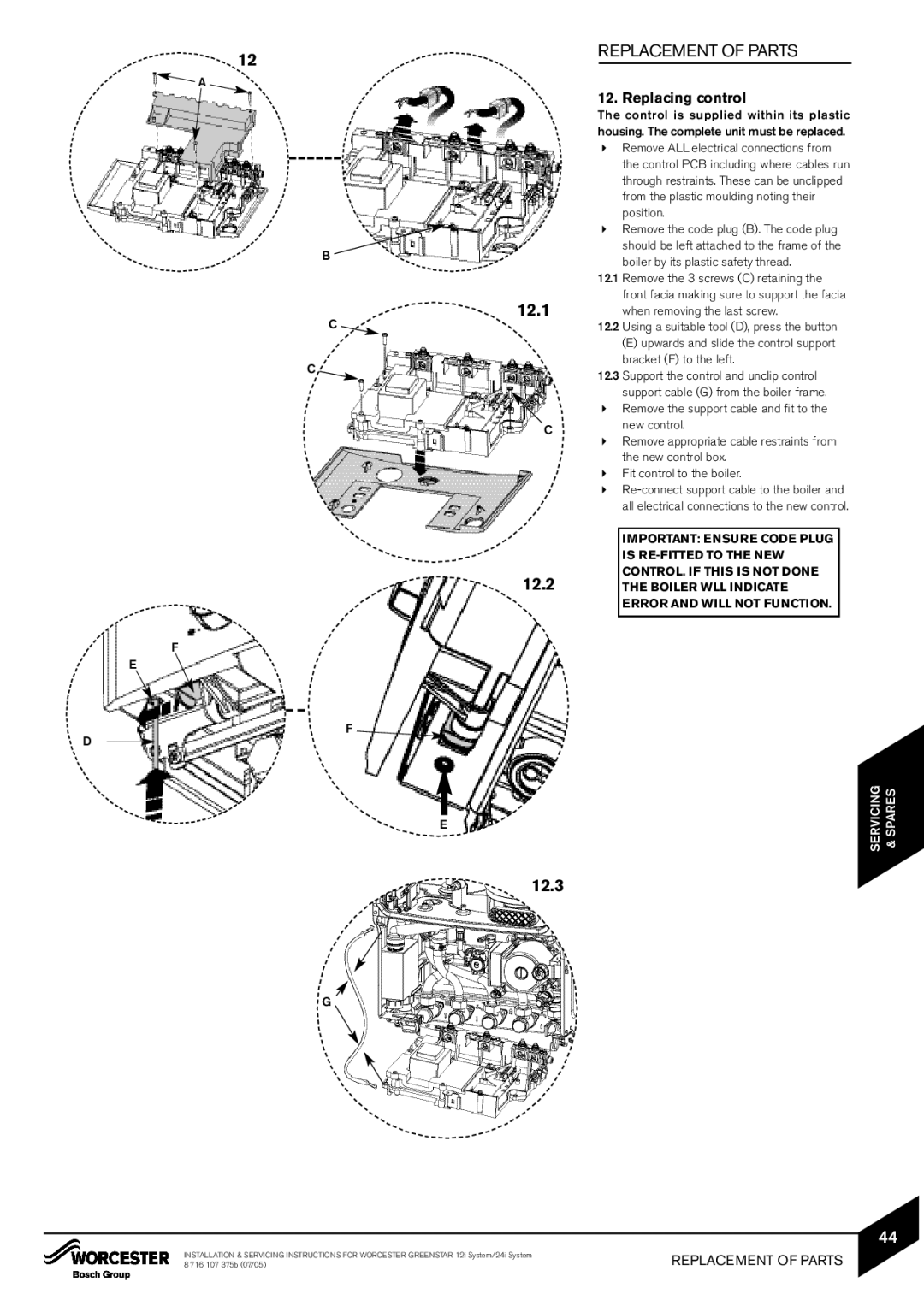 Bosch Appliances 24i junior, 28i junior manual 12.1, 12.2, 12.3, Replacing control 