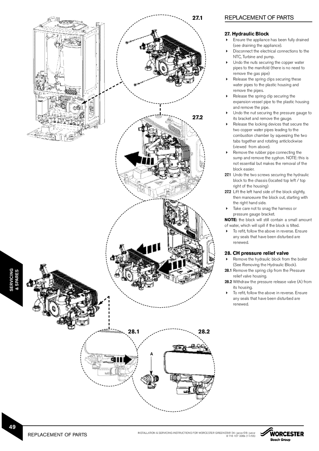 Bosch Appliances 28i junior, 24i junior manual 28.1 28.2, 27.1, Hydraulic Block, 27.2, CH pressure relief valve 