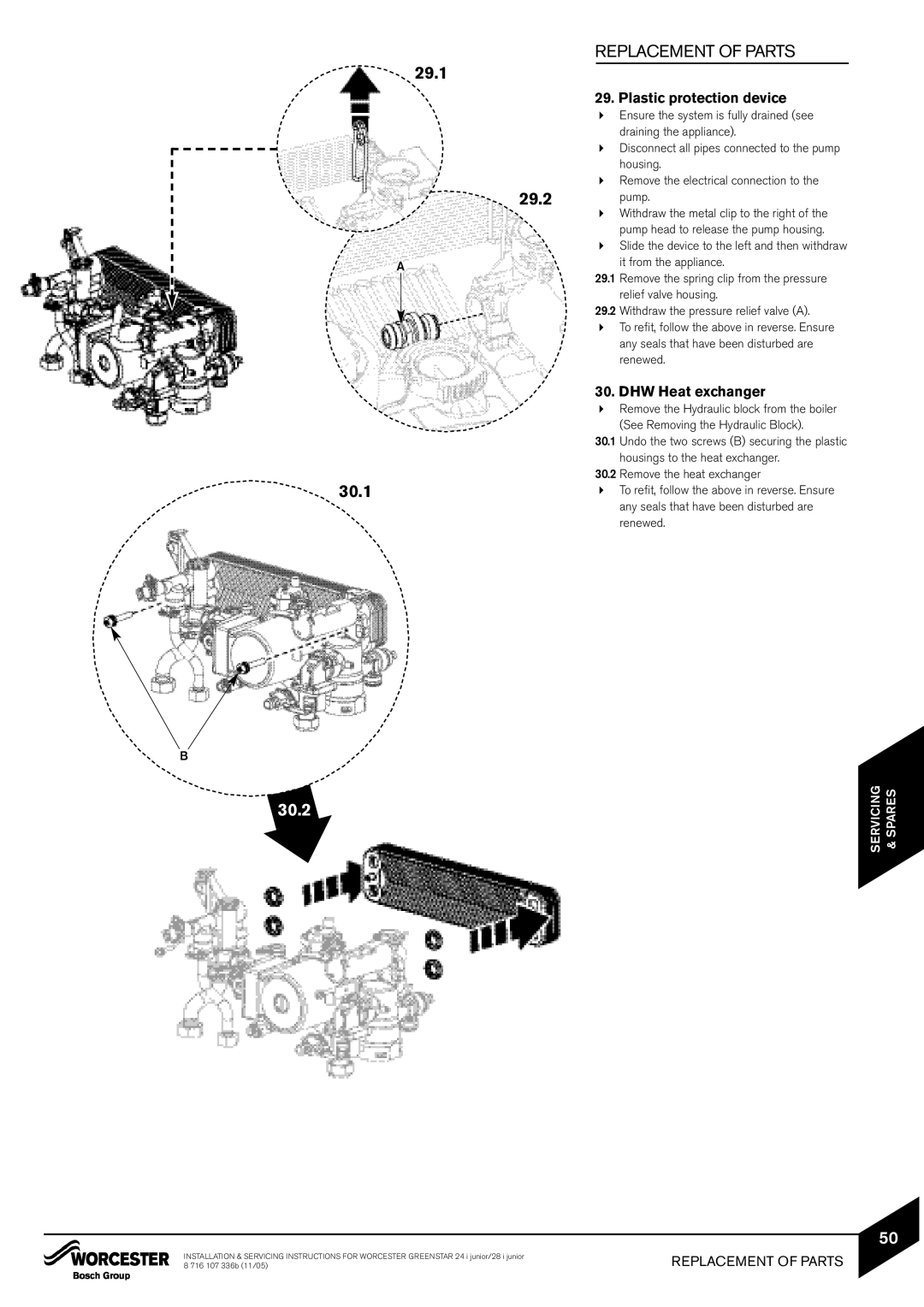 Bosch Appliances 24i junior, 28i junior manual 29.1, 29.2, 30.1, Plastic protection device, DHW Heat exchanger 