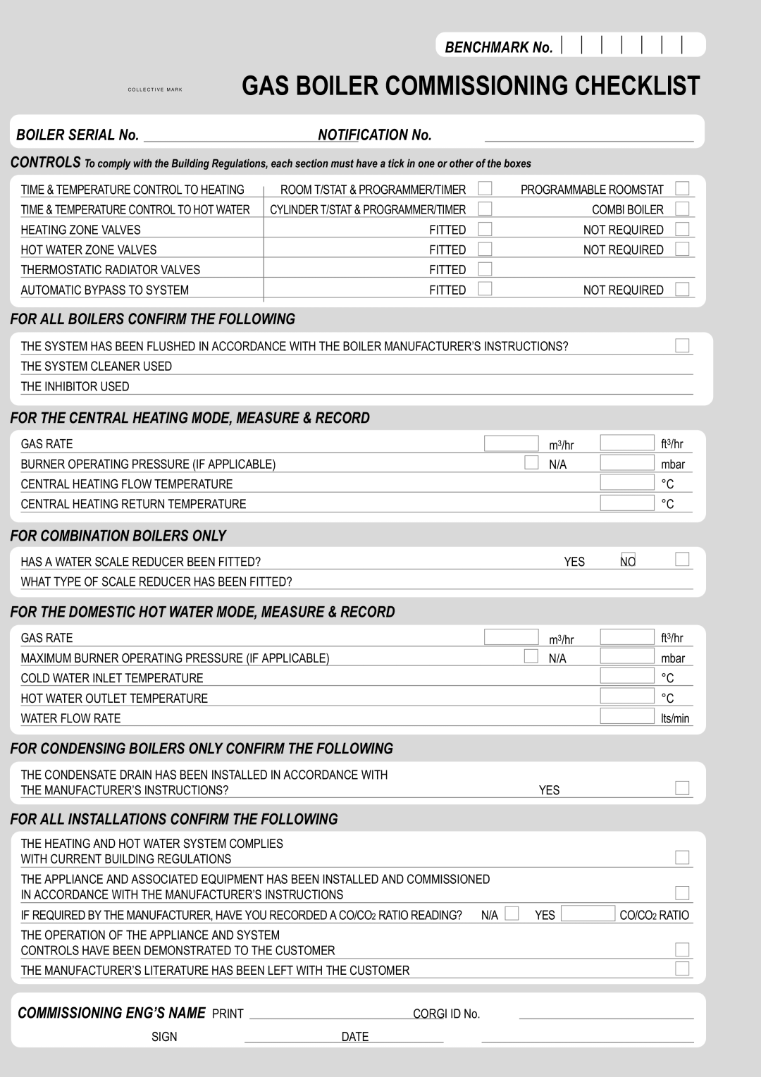 Bosch Appliances 28i junior, 24i junior manual GAS Boiler Commissioning Checklist 