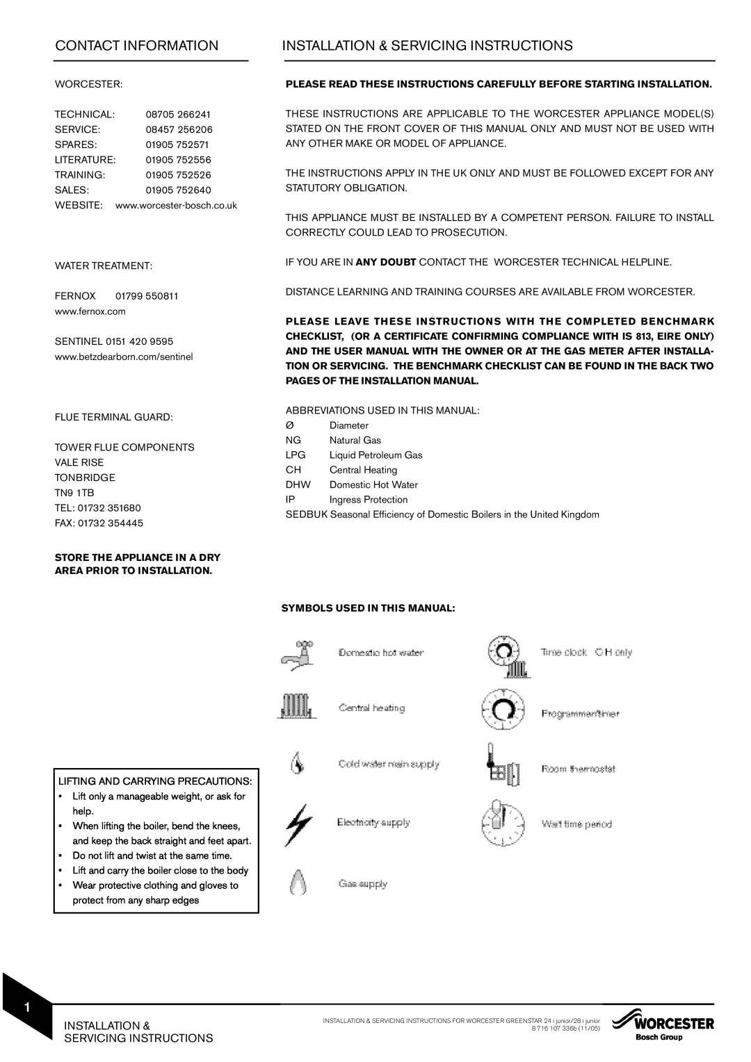 Bosch Appliances 28i junior manual Contact Information, Installation & Servicing Instructions, Symbols Used In This Manual 