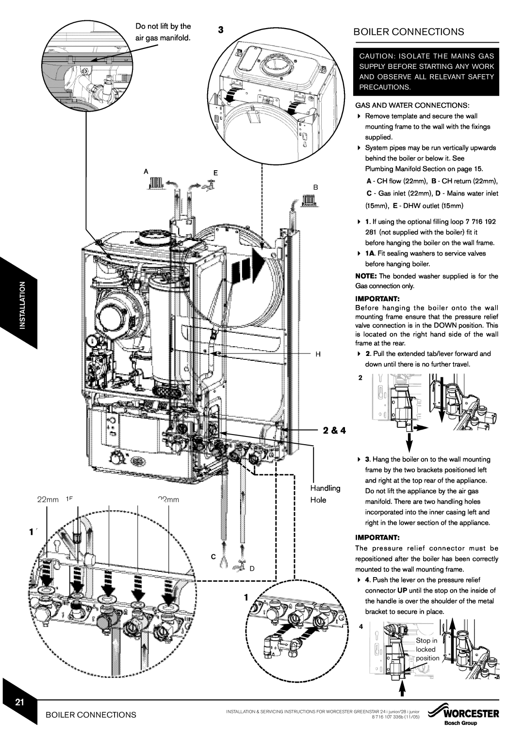 Bosch Appliances 28i junior manual Boiler Connections, Do not lift by the, air gas manifold, 22mm 15mm 22mm 15mm 22mm, Hole 
