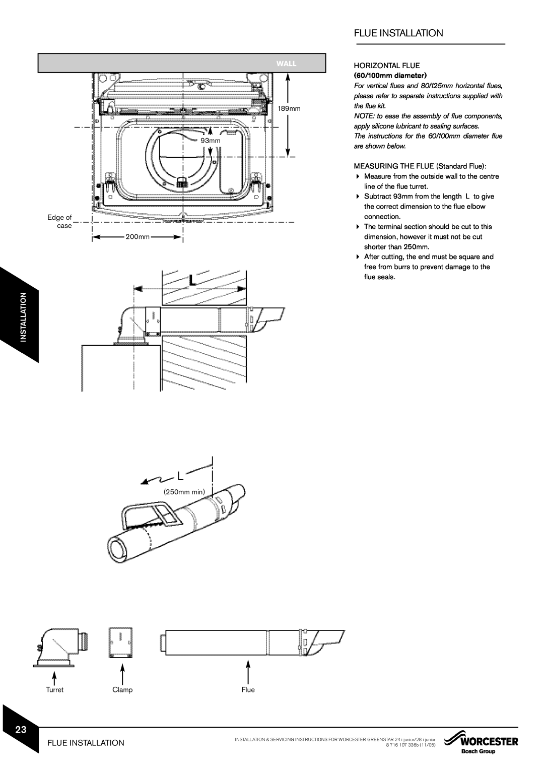 Bosch Appliances 28i junior manual Flue Installation, Wall, The instructions for the 60/100mm diameter flue are shown below 