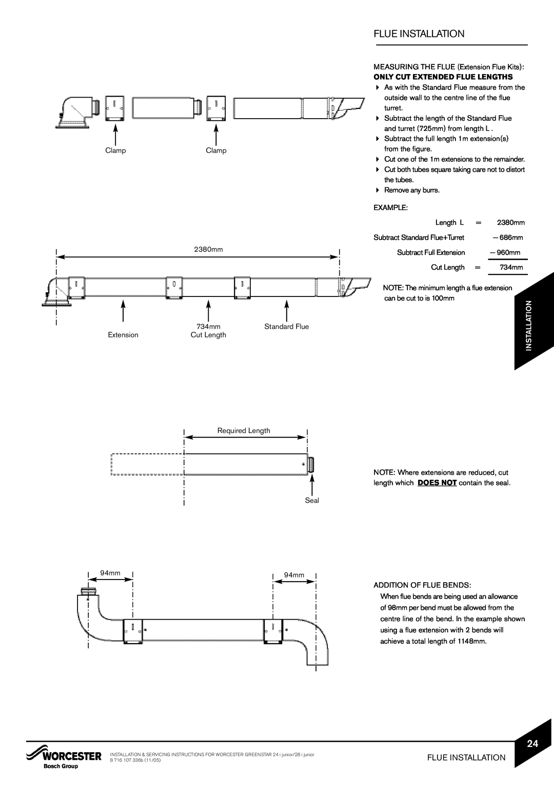 Bosch Appliances 24i junior manual Flue Installation, Only Cut Extended Flue Lengths, Standard Flue, Cut Length, Example 