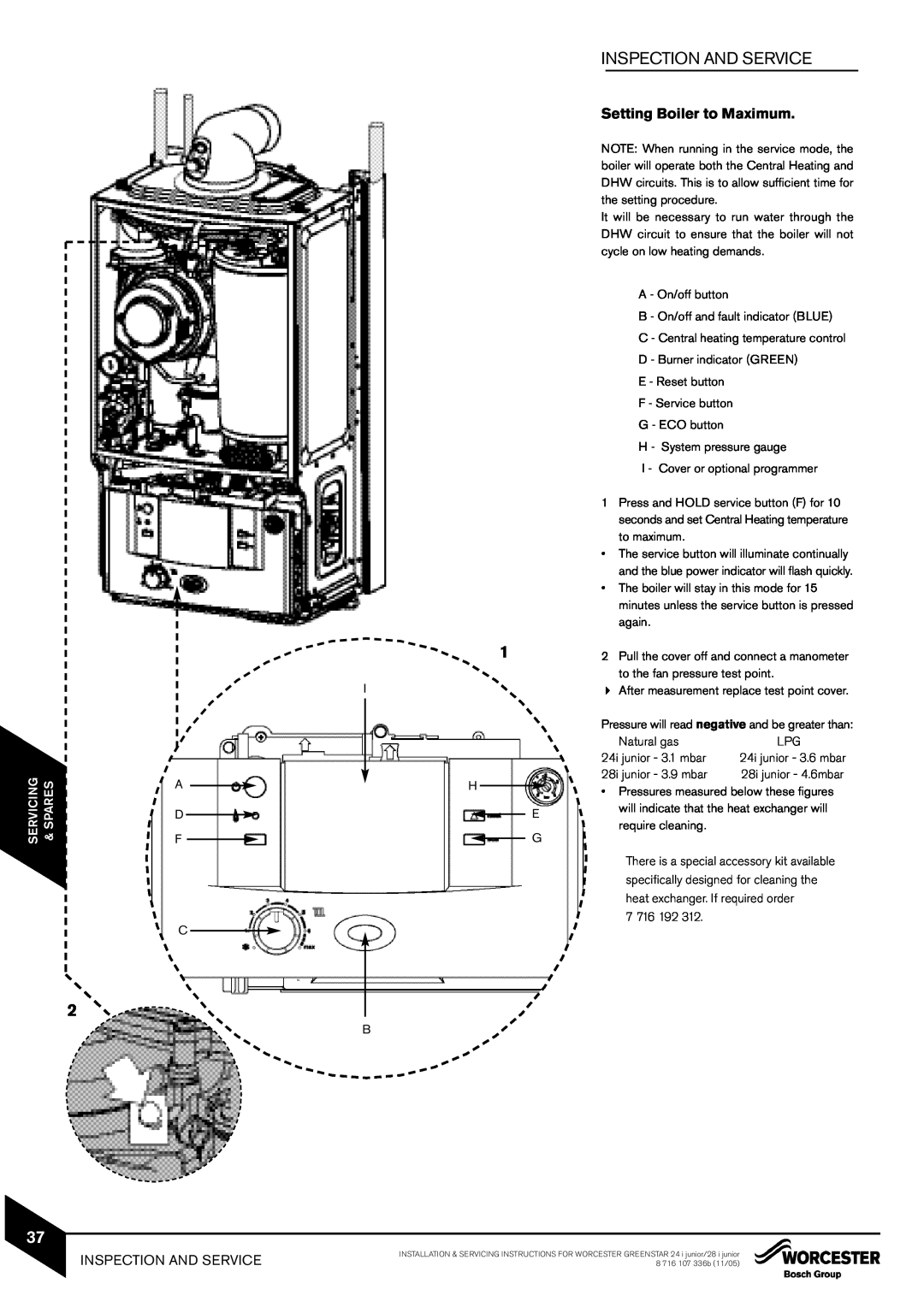 Bosch Appliances 28i junior, 24i junior manual Inspection And Service, Setting Boiler to Maximum, Servicing, Spares 