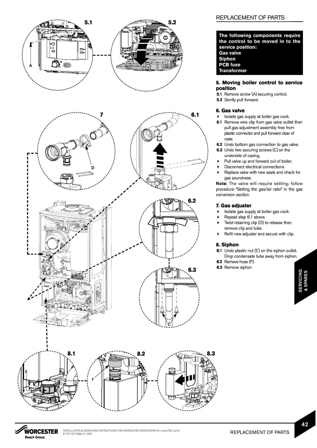 Bosch Appliances 24i junior manual Replacement Of Parts, Moving boiler control to service position, Gas valve, Gas adjuster 