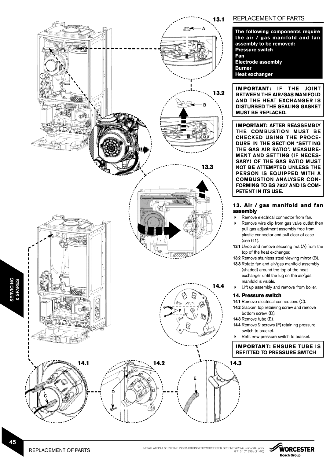 Bosch Appliances 28i junior manual Replacement Of Parts, 13.2, 13.3, 14.4, 14.1 14.2, Air / gas manifold and fan, assembly 