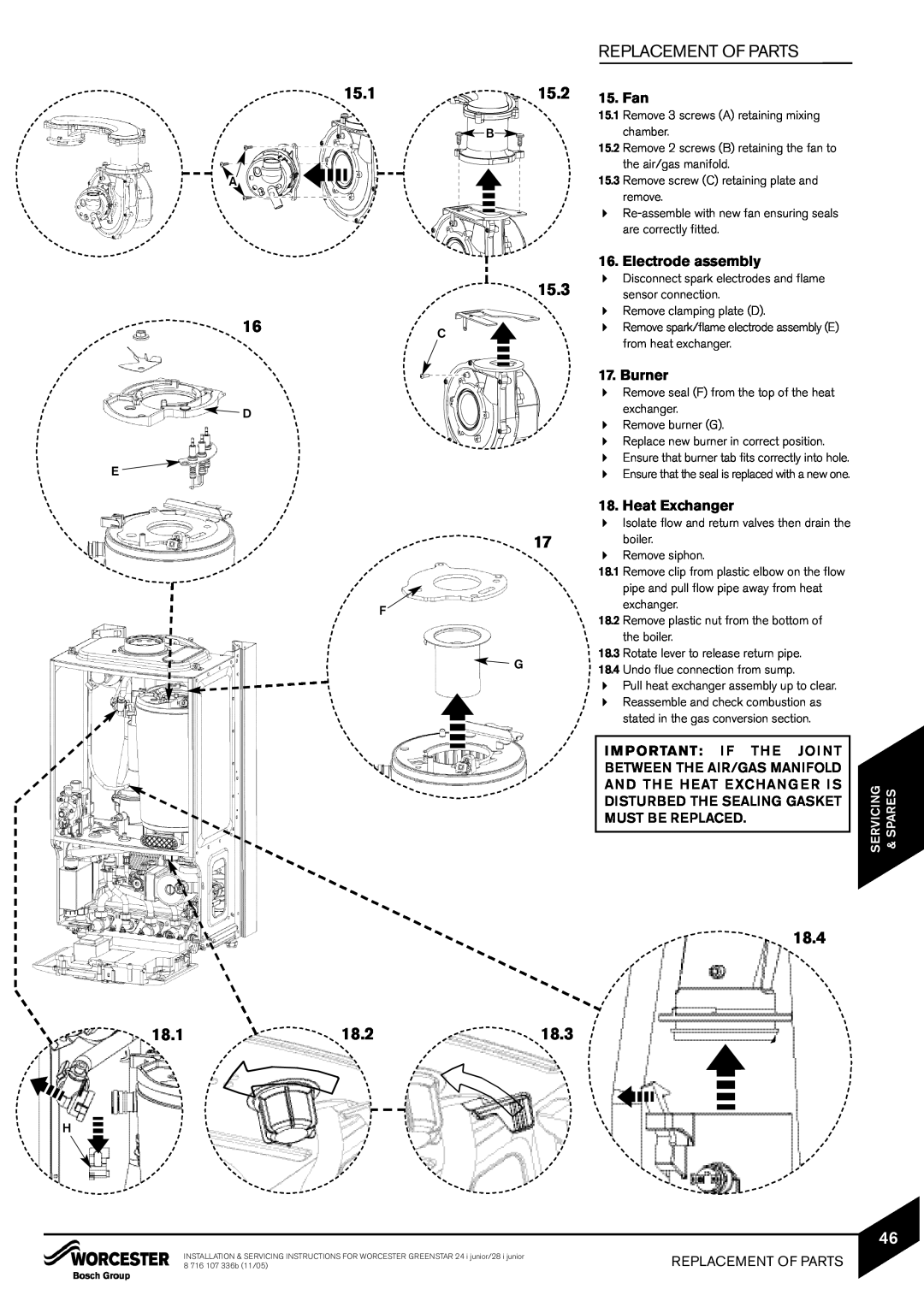 Bosch Appliances 24i junior manual Replacement Of Parts, 15.1, 15.2, 15.3, 18.4, 18.1, 18.2, 18.3, Fan, Electrode assembly 