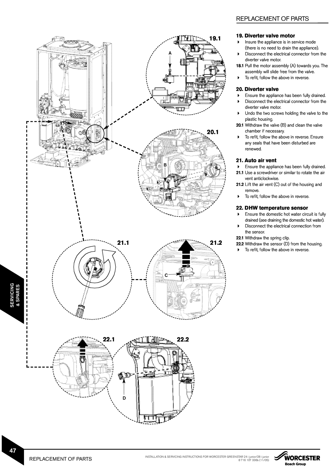 Bosch Appliances 28i junior Replacement Of Parts, 19.1, 20.1, 21.1, 21.2, 22.1, 22.2, Diverter valve motor, Auto air vent 