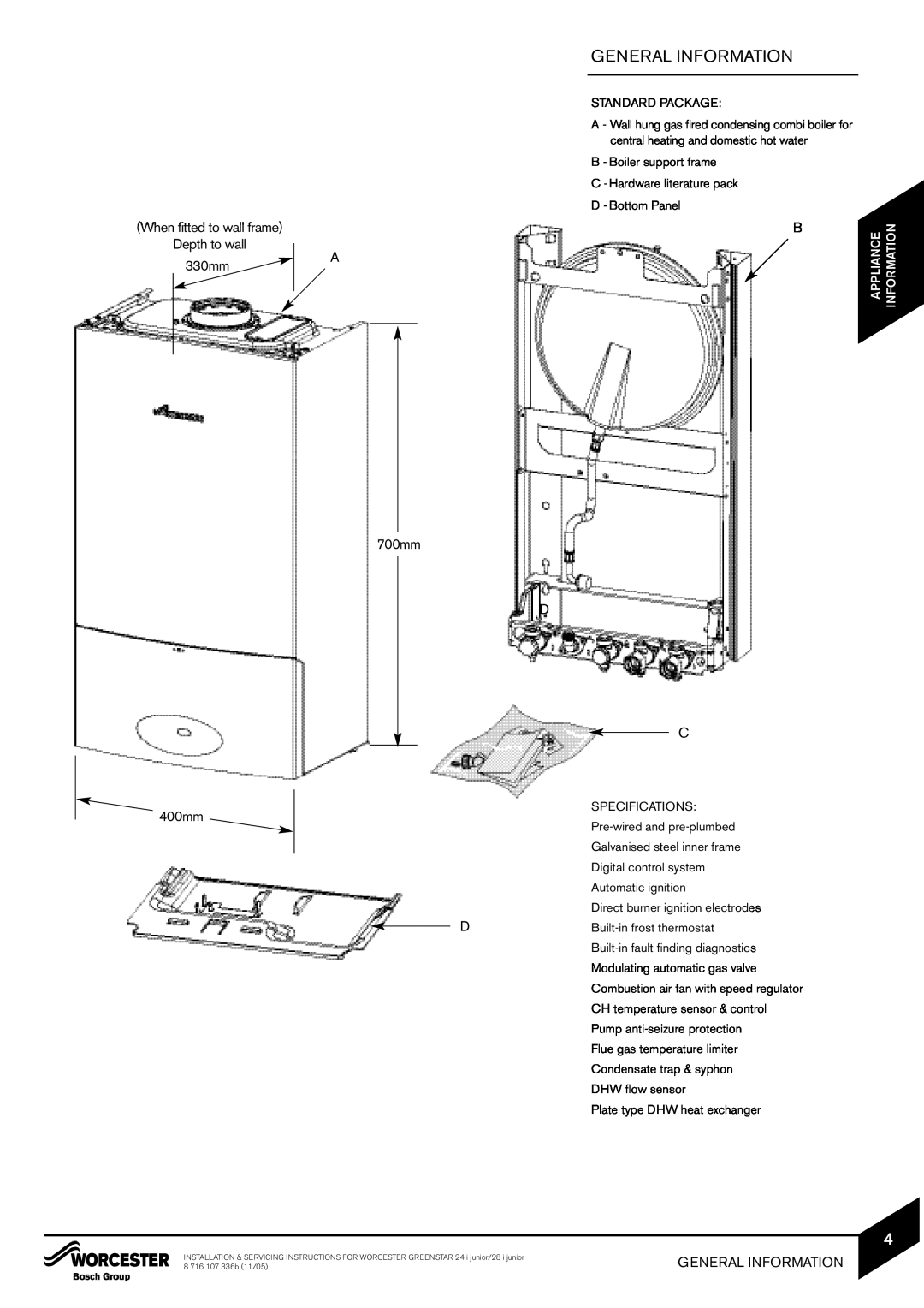Bosch Appliances 24i junior manual General Information, When fitted to wall frame Depth to wall 330mm 400mm, B 700mm D C 