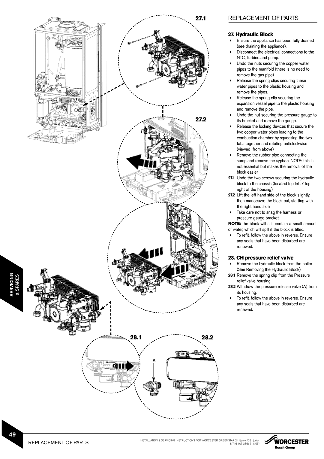 Bosch Appliances 28i junior manual Replacement Of Parts, 28.1, 28.2, 27.1, Hydraulic Block, 27.2, CH pressure relief valve 