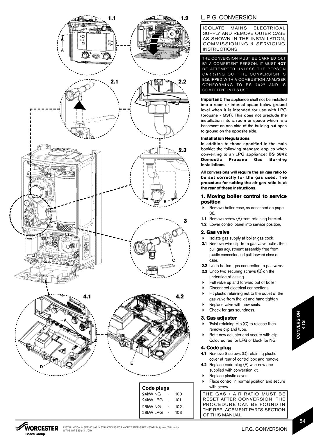 Bosch Appliances 24i junior manual L. P. G. Conversion, Moving boiler control to service position, Gas valve, Code plugs 