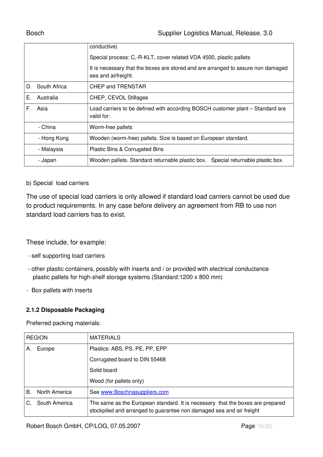 Bosch Appliances 3 manual Disposable Packaging, Region Materials 