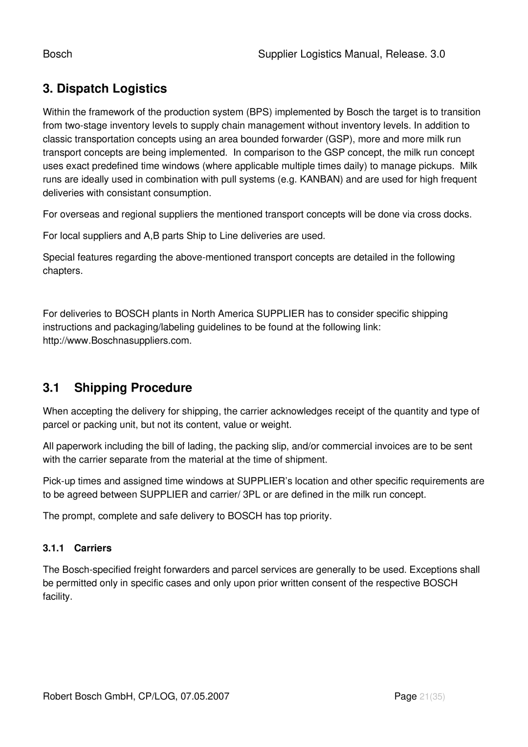 Bosch Appliances 3 manual Dispatch Logistics, Shipping Procedure, Carriers 