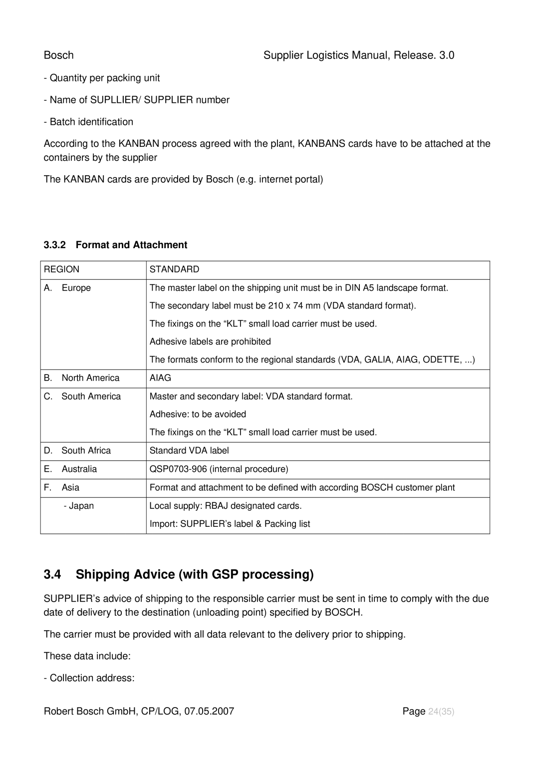 Bosch Appliances 3 manual Shipping Advice with GSP processing, Format and Attachment 