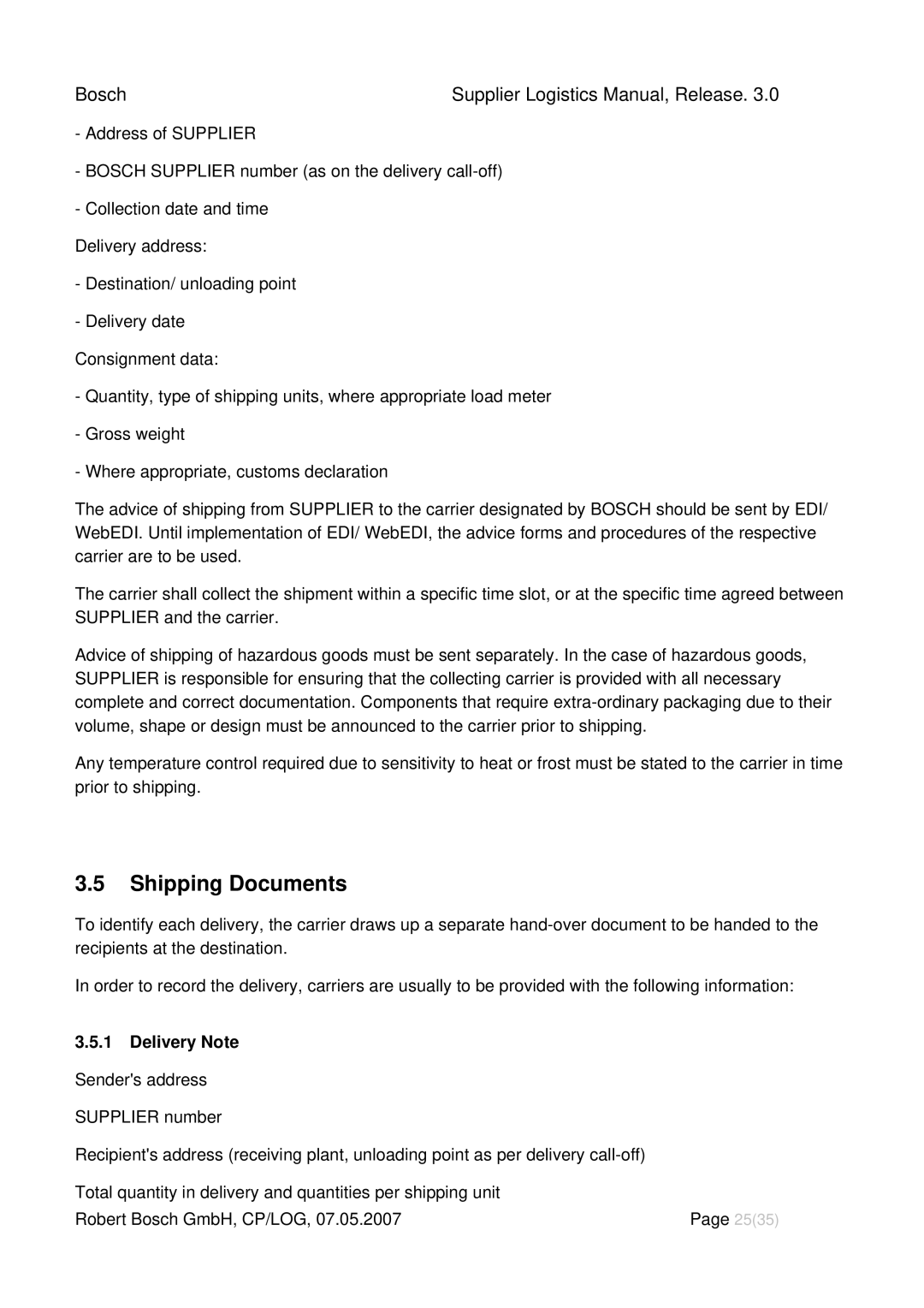 Bosch Appliances 3 manual Shipping Documents, Delivery Note 