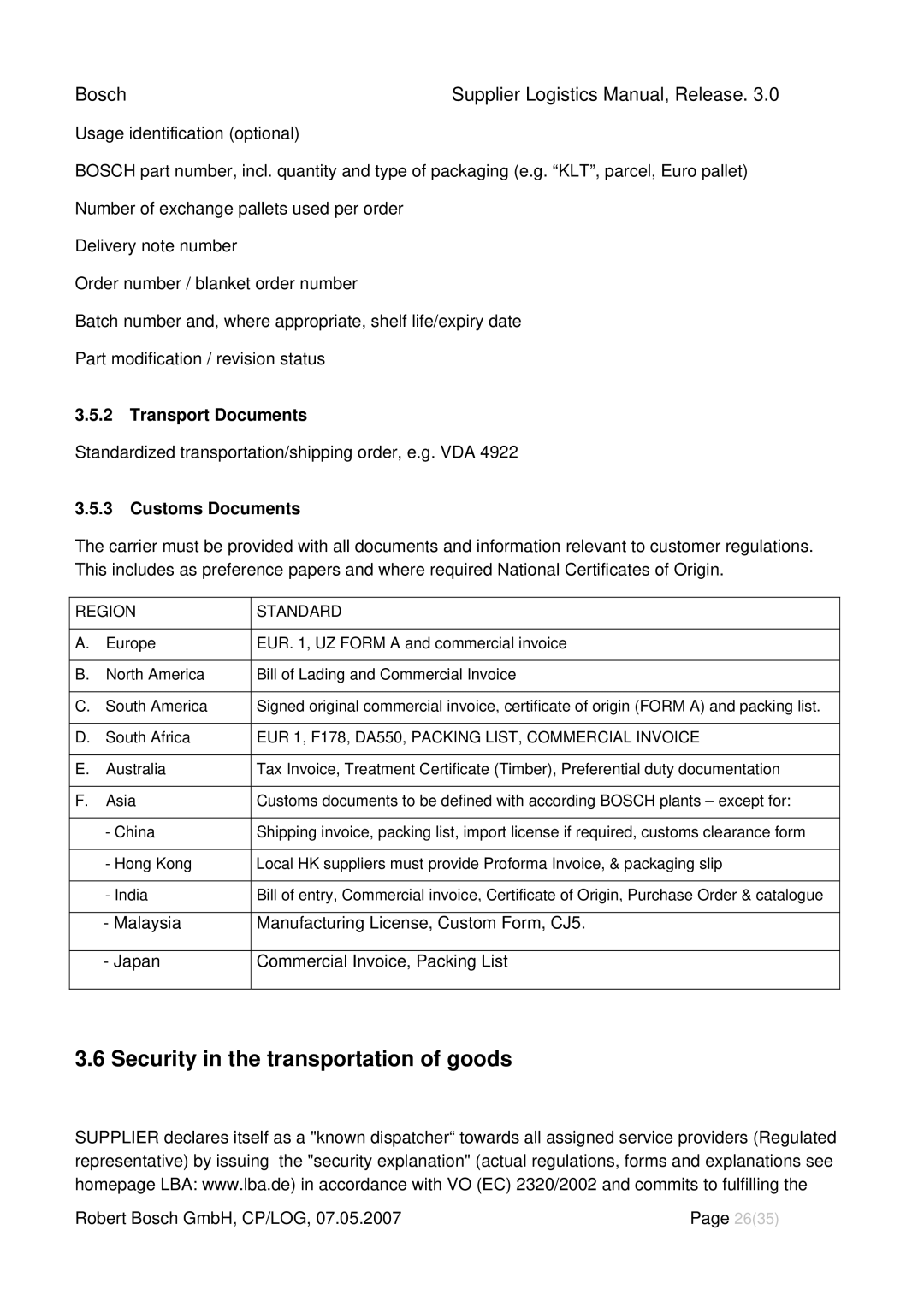 Bosch Appliances 3 manual Security in the transportation of goods, Transport Documents, Customs Documents 