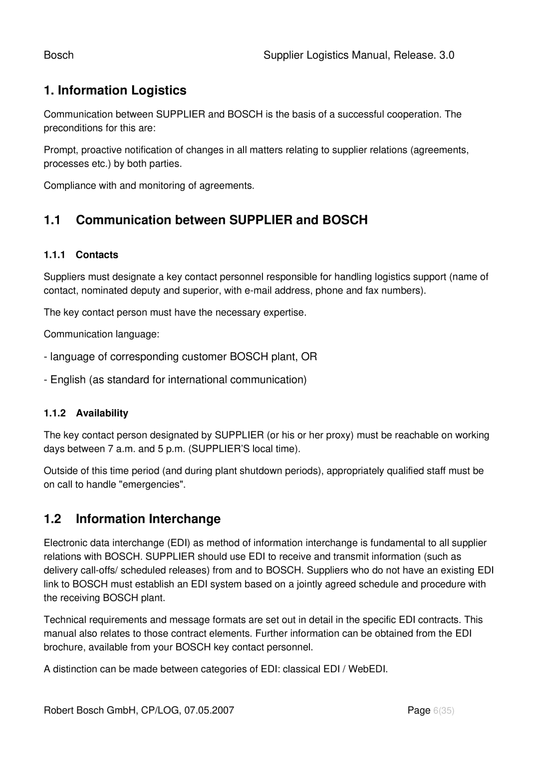 Bosch Appliances 3 Information Logistics, Communication between Supplier and Bosch, Information Interchange, Contacts 