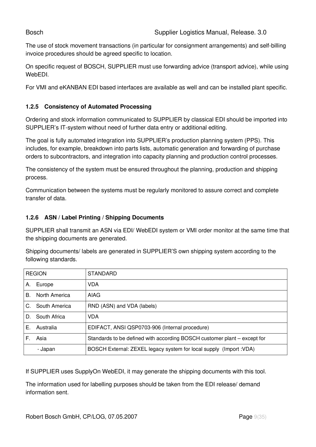 Bosch Appliances 3 manual Consistency of Automated Processing, ASN / Label Printing / Shipping Documents, Vda, Aiag 