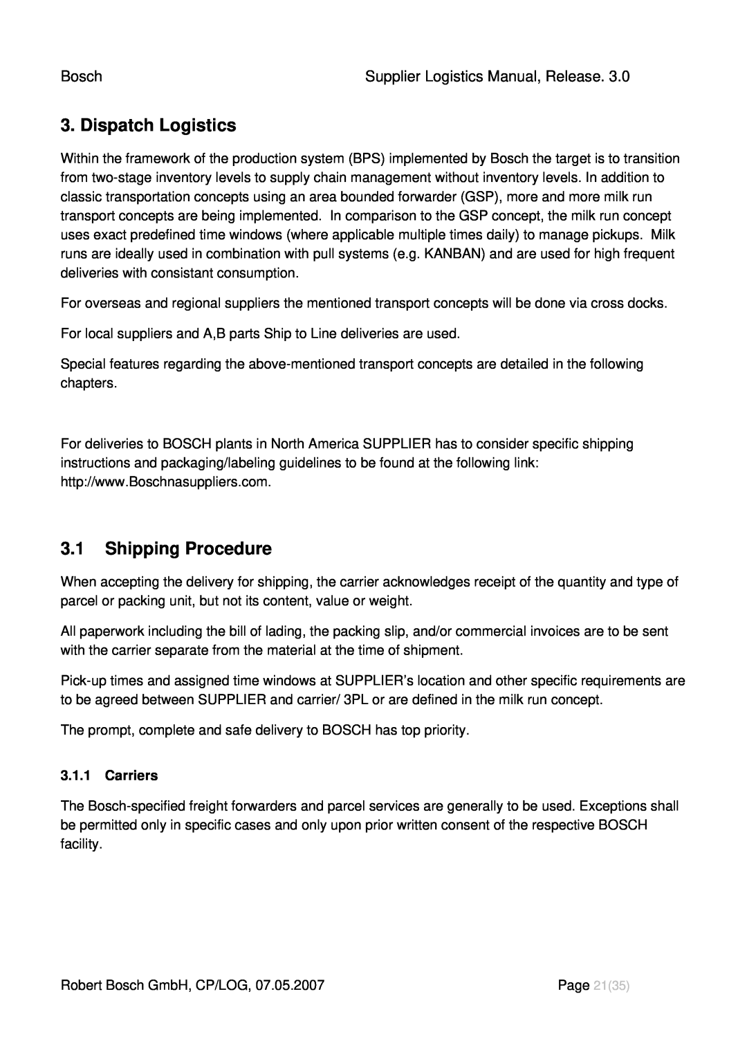 Bosch Appliances Dispatch Logistics, 3.1Shipping Procedure, 3.1.1Carriers, Bosch, Supplier Logistics Manual, Release 