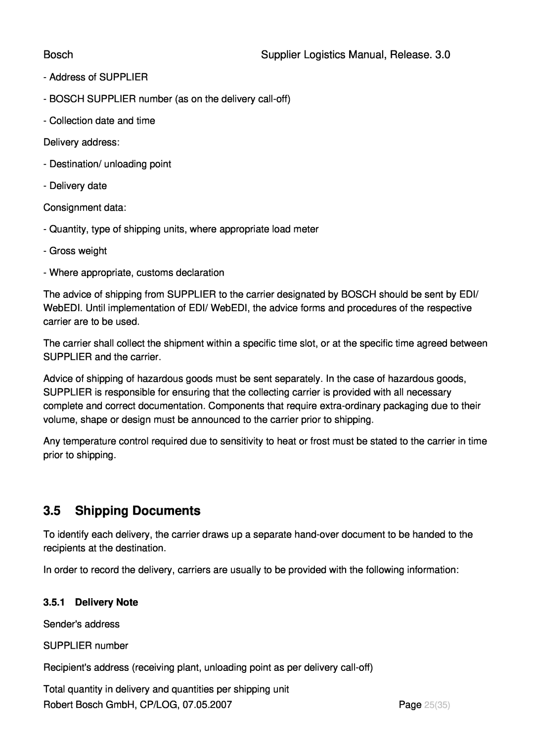 Bosch Appliances manual 3.5Shipping Documents, Delivery Note, Bosch, Supplier Logistics Manual, Release 