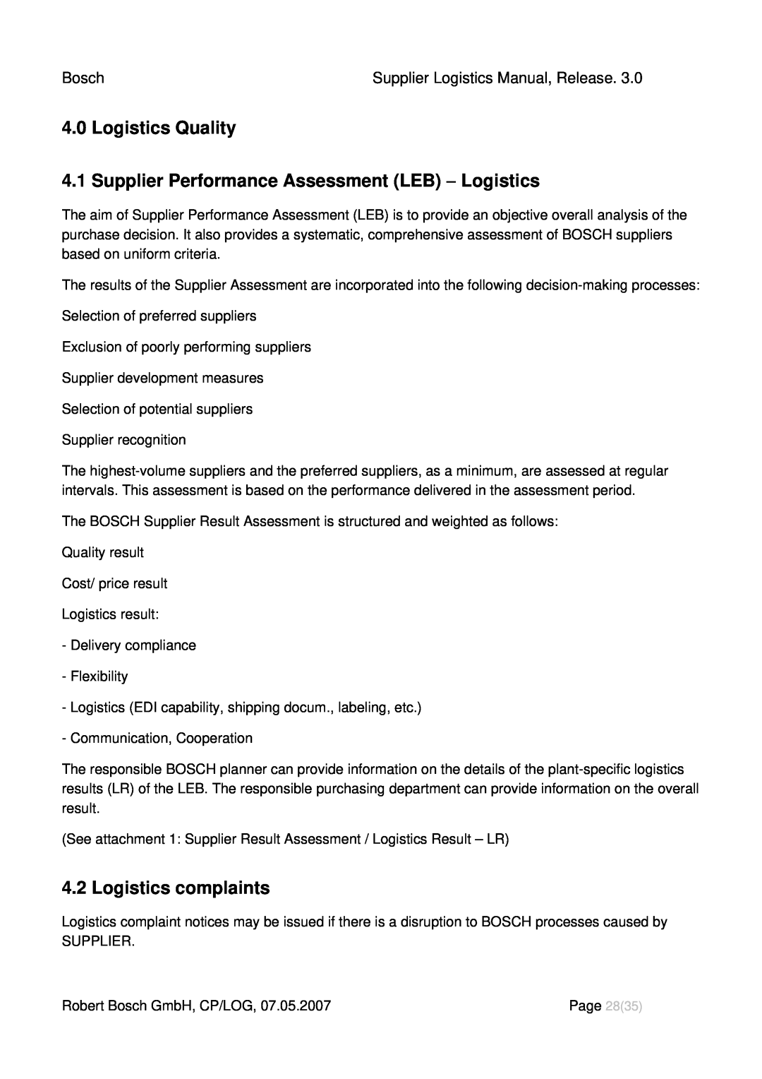 Bosch Appliances 3 manual 4.0Logistics Quality, Logistics complaints, Bosch, Supplier Logistics Manual, Release 