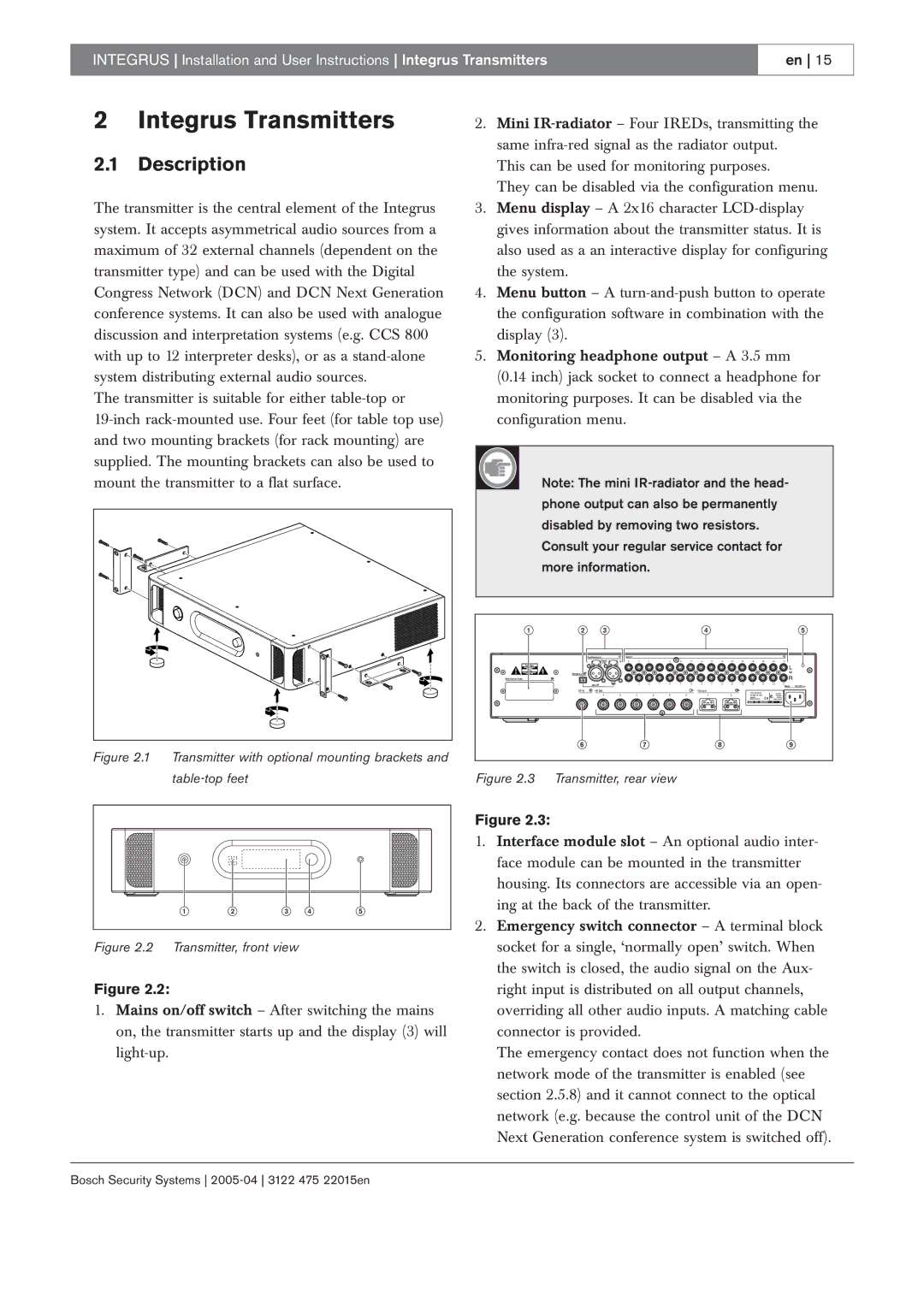 Bosch Appliances 3122 475 22015en manual Integrus Transmitters, Description 