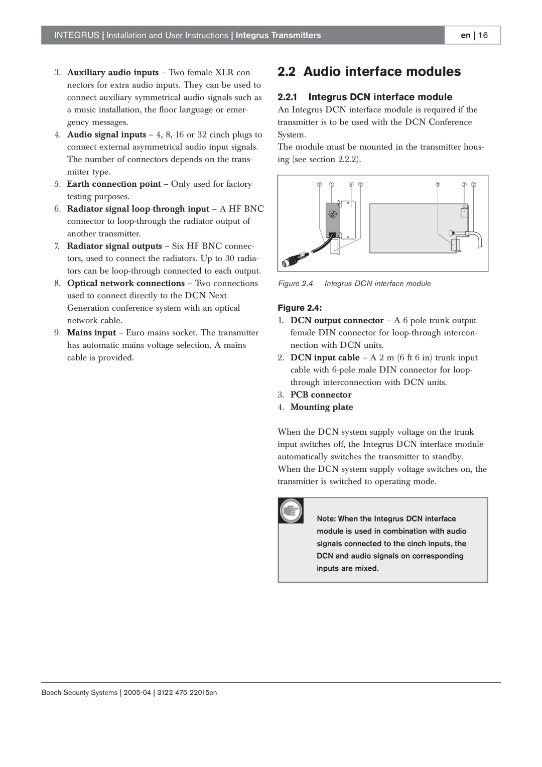 Bosch Appliances 3122 475 22015en manual Audio interface modules, Integrus DCN interface module 