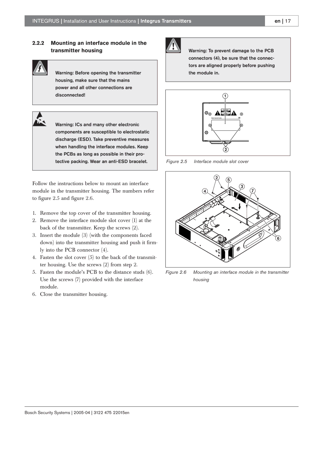 Bosch Appliances 3122 475 22015en Mounting an interface module in the transmitter housing, Interface module slot cover 