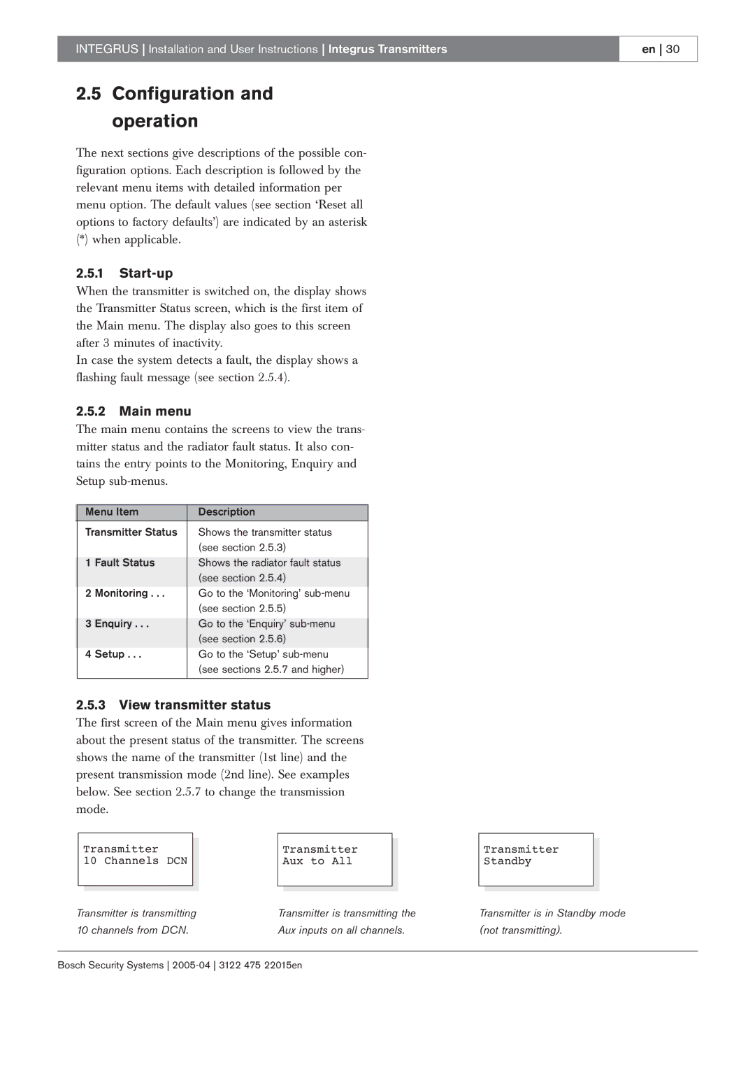 Bosch Appliances 3122 475 22015en manual Configuration and operation, Start-up, Main menu, View transmitter status 