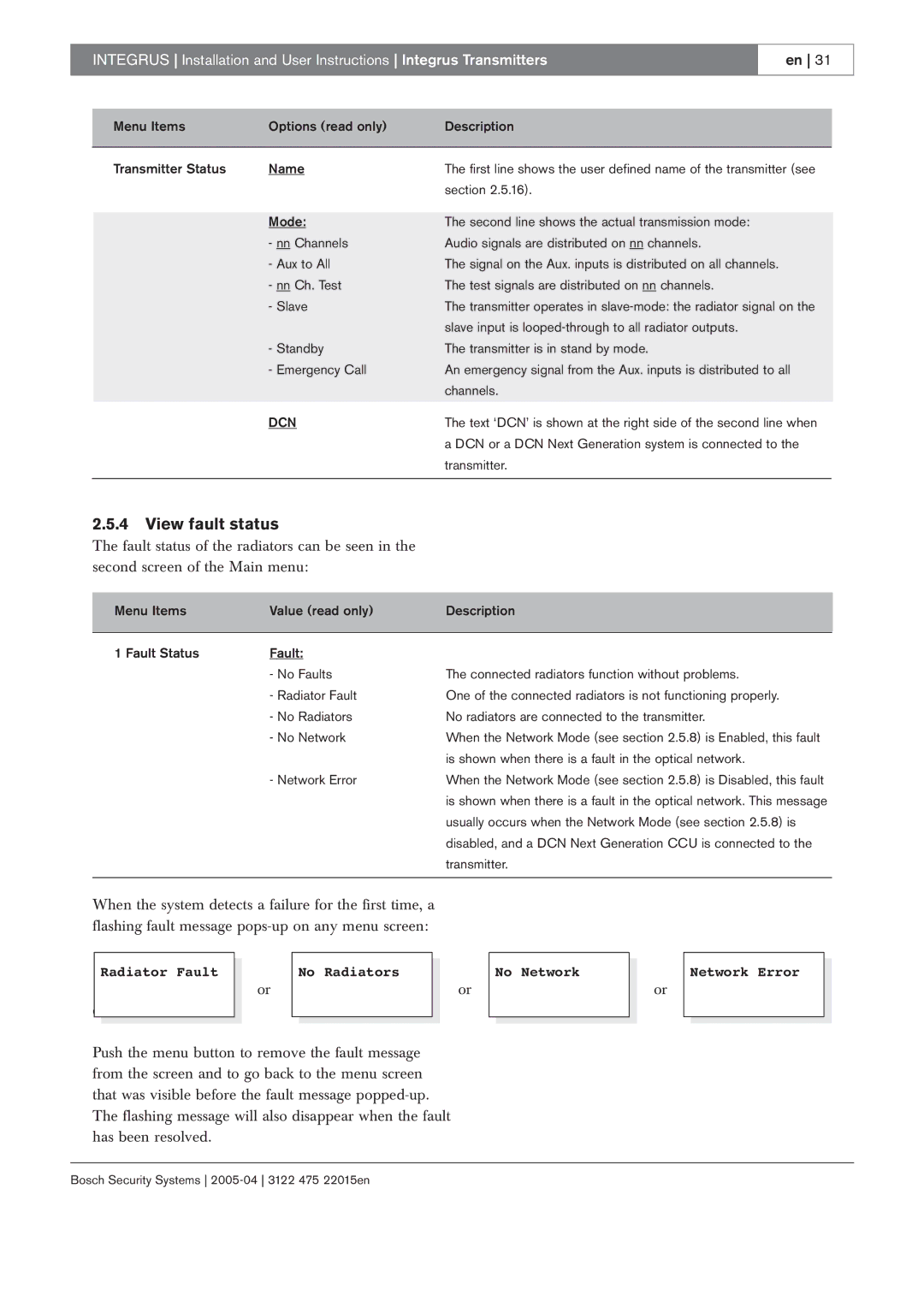 Bosch Appliances 3122 475 22015en manual View fault status, Dcn 